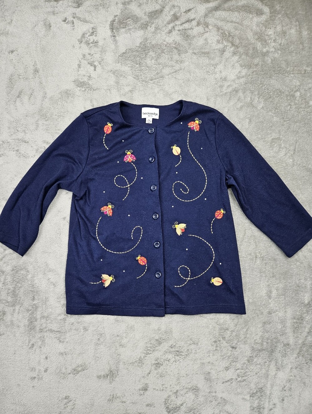 Breckenridge Petite Navy Blue Cardigan – Colorful Ladybug Embroidery – Size PM
